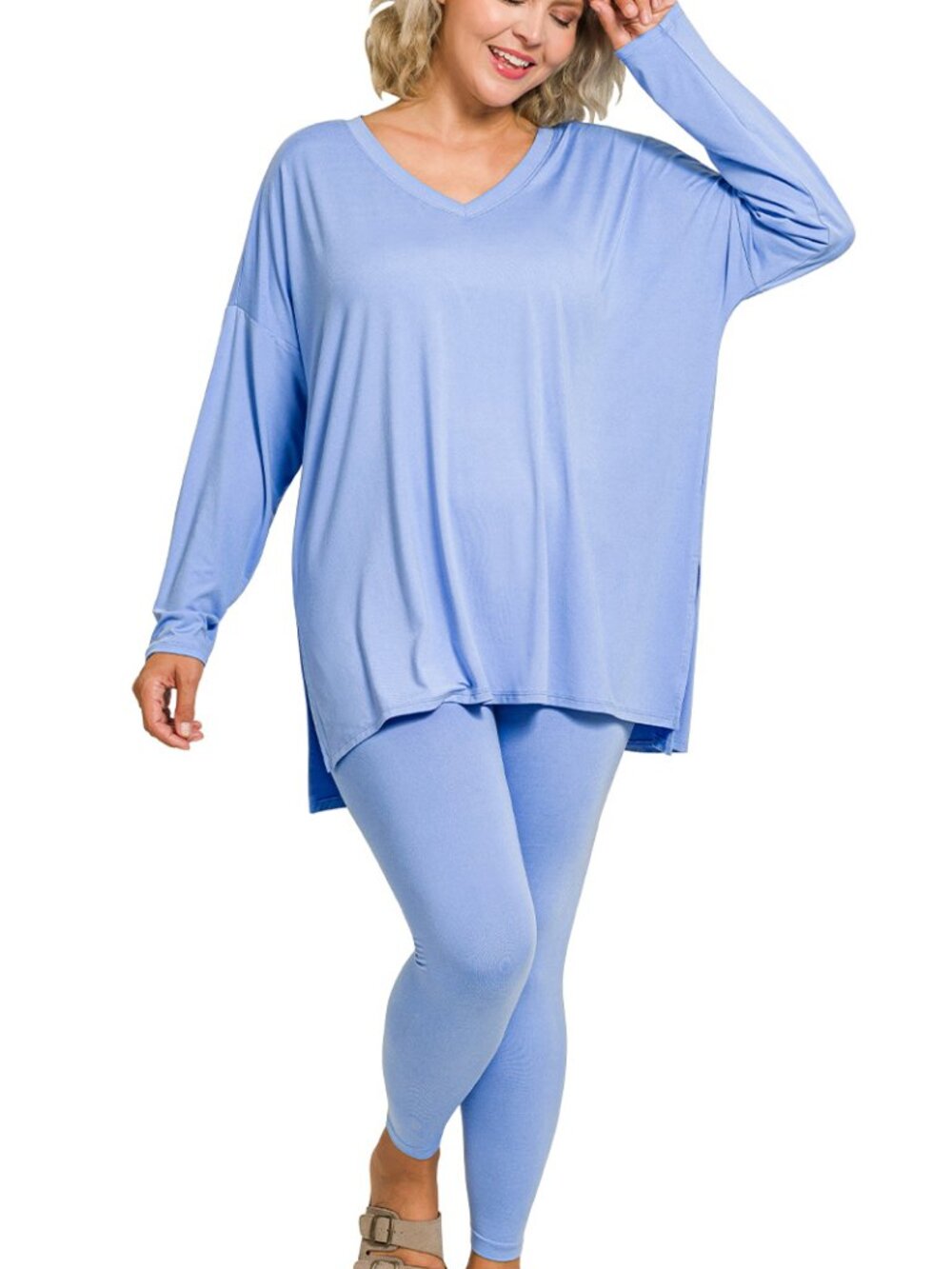 V‑Neck Long‑Sleeve Loungewear Leggings Set – Buttery Soft Brushed DTY Microfiber